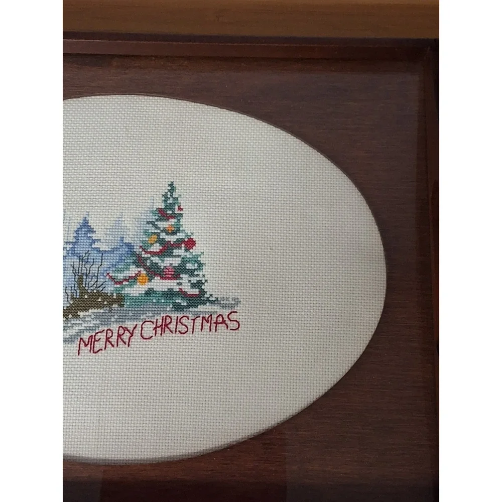 Vintage‎ Wooden Serving Tray Featuring Christmas Croos-Stitch Protected By Glass
